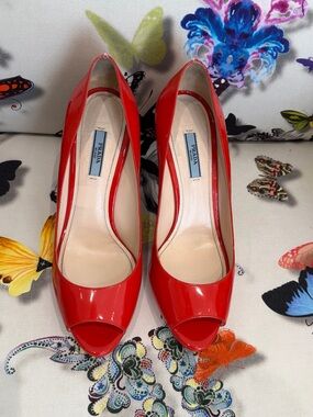 Prada Bright Red Patent Leather Peep-Toe Pumps